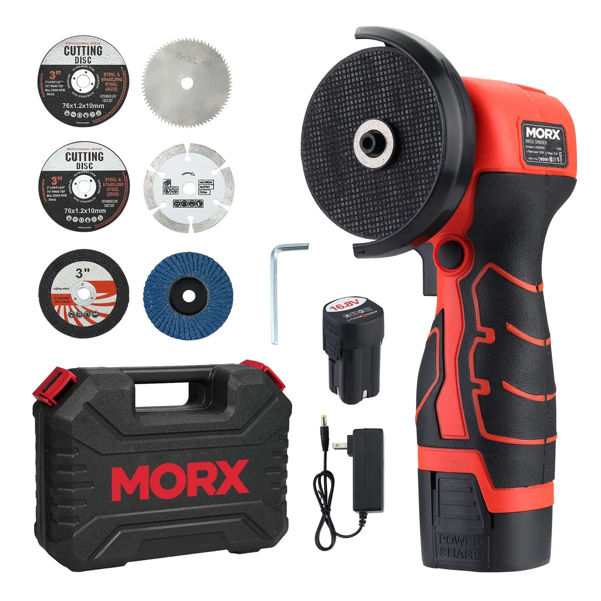 MORX 19,500 RPM Cordless Angle Grinder 76mm with 2 x 2Ah 16.8V Batteries