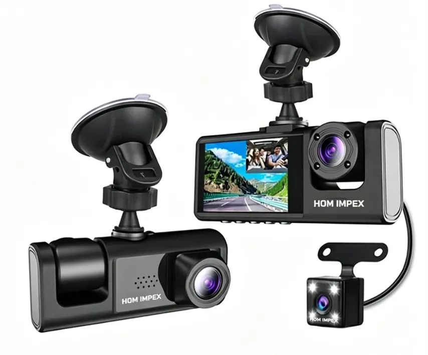 HOME IMPEX 1080P Triple Channel Dash Cam with Front, Cabin and Rear Cameras
