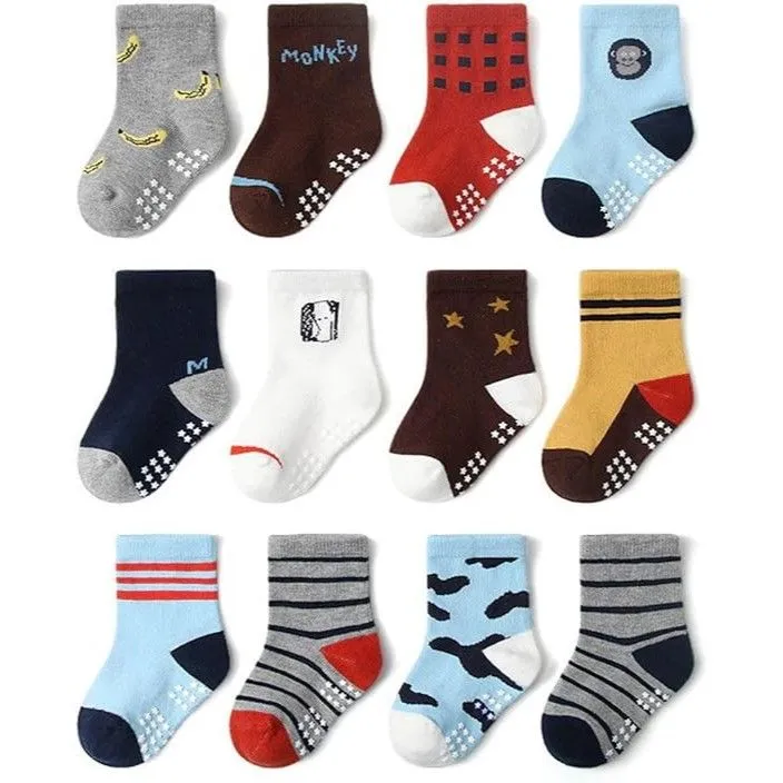 12 Pairs Toddler Boys Non-Slip Cotton Mid-Calf Socks for 1-3 Years - KB166