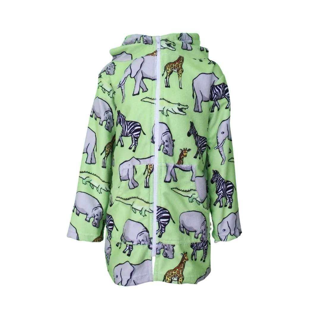 Kids GREEN Safari Animals Hooded Beach Towel Zip Long Sleeve Swim Cover