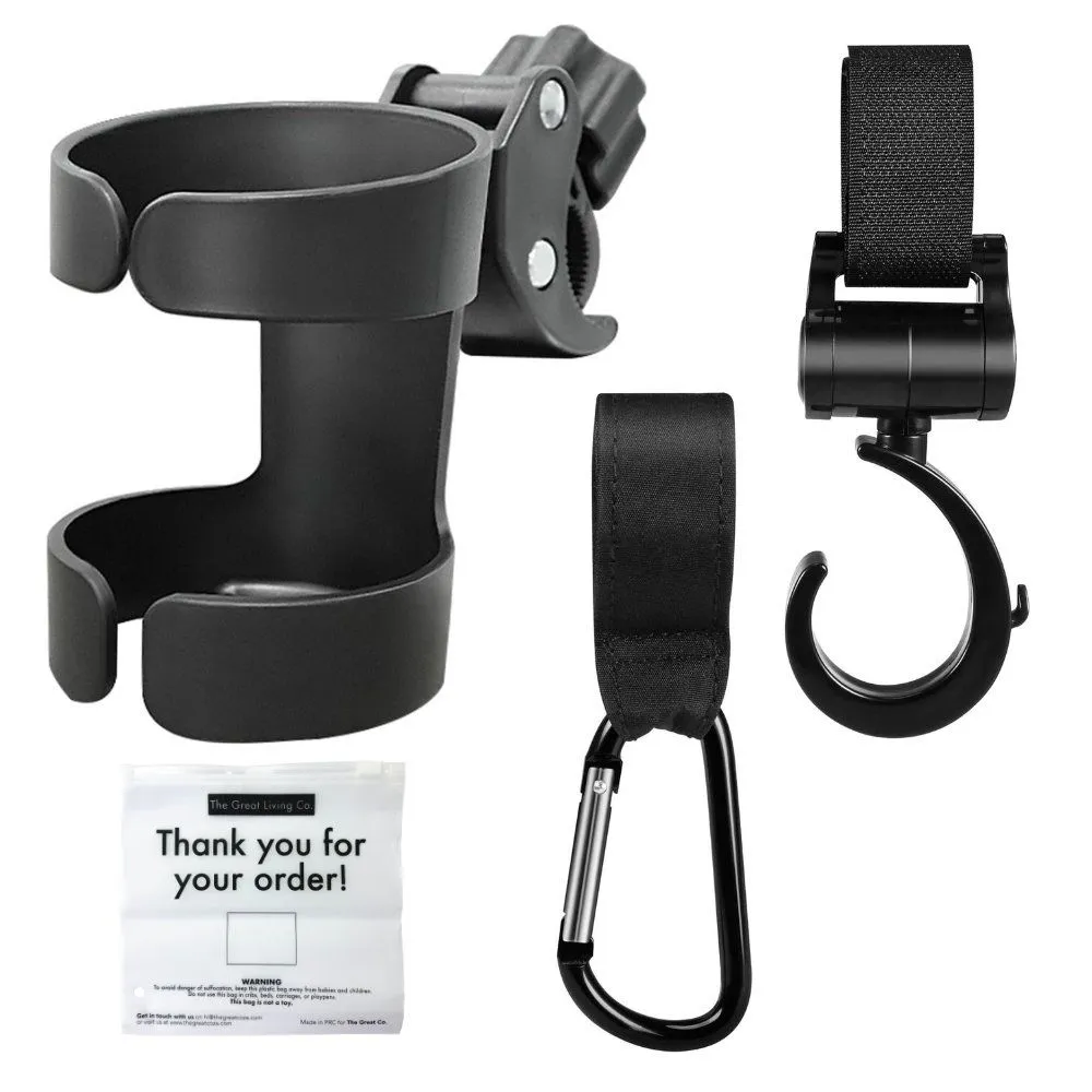 Universal Stroller Cup Holder & Hooks Set with Reusable Bag 4-Piece Kit