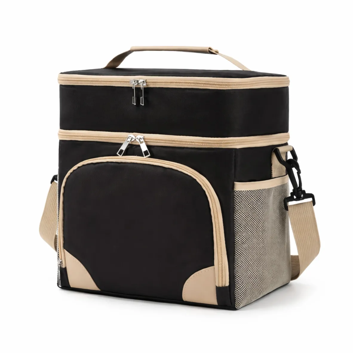 Double-Layer Thermal Insulated Lunch Bag with Strap - Black