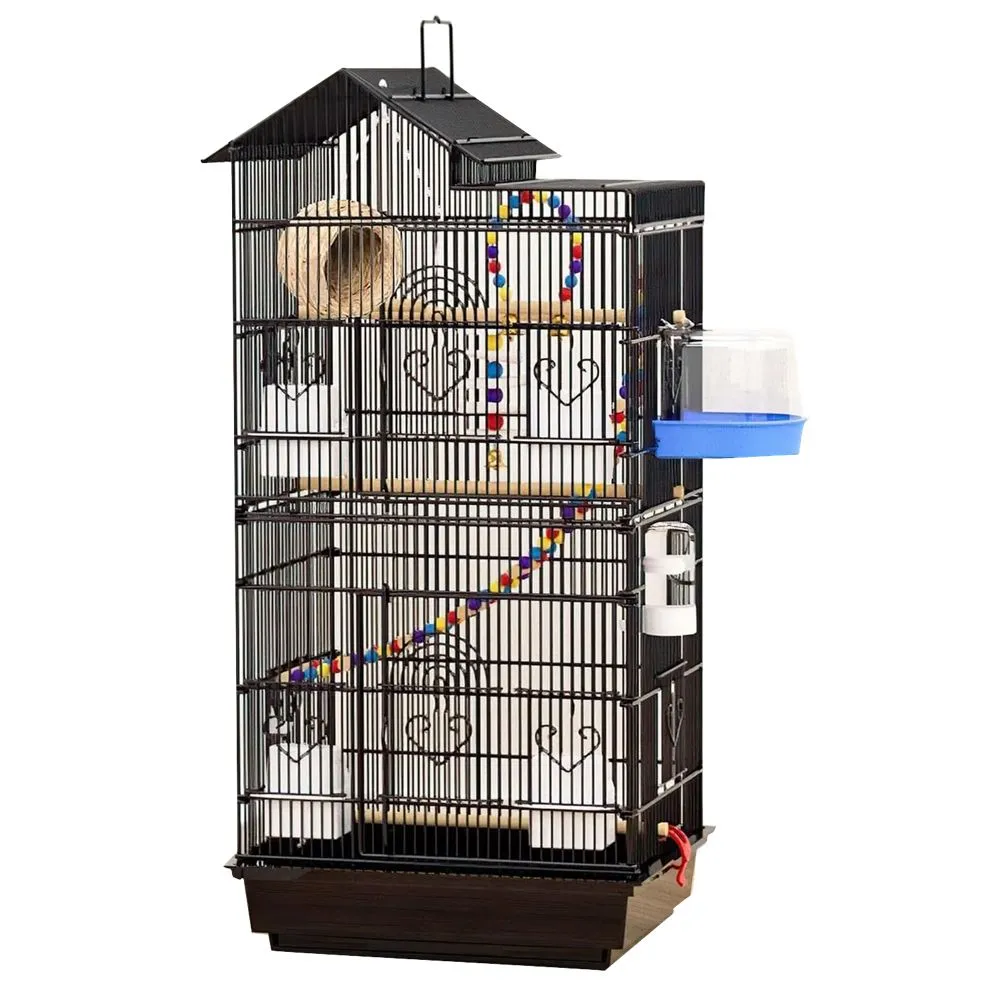 Pet Waterproof Open Top Metal Bird Cage Condo with Interactive Toys (100cm) - Black