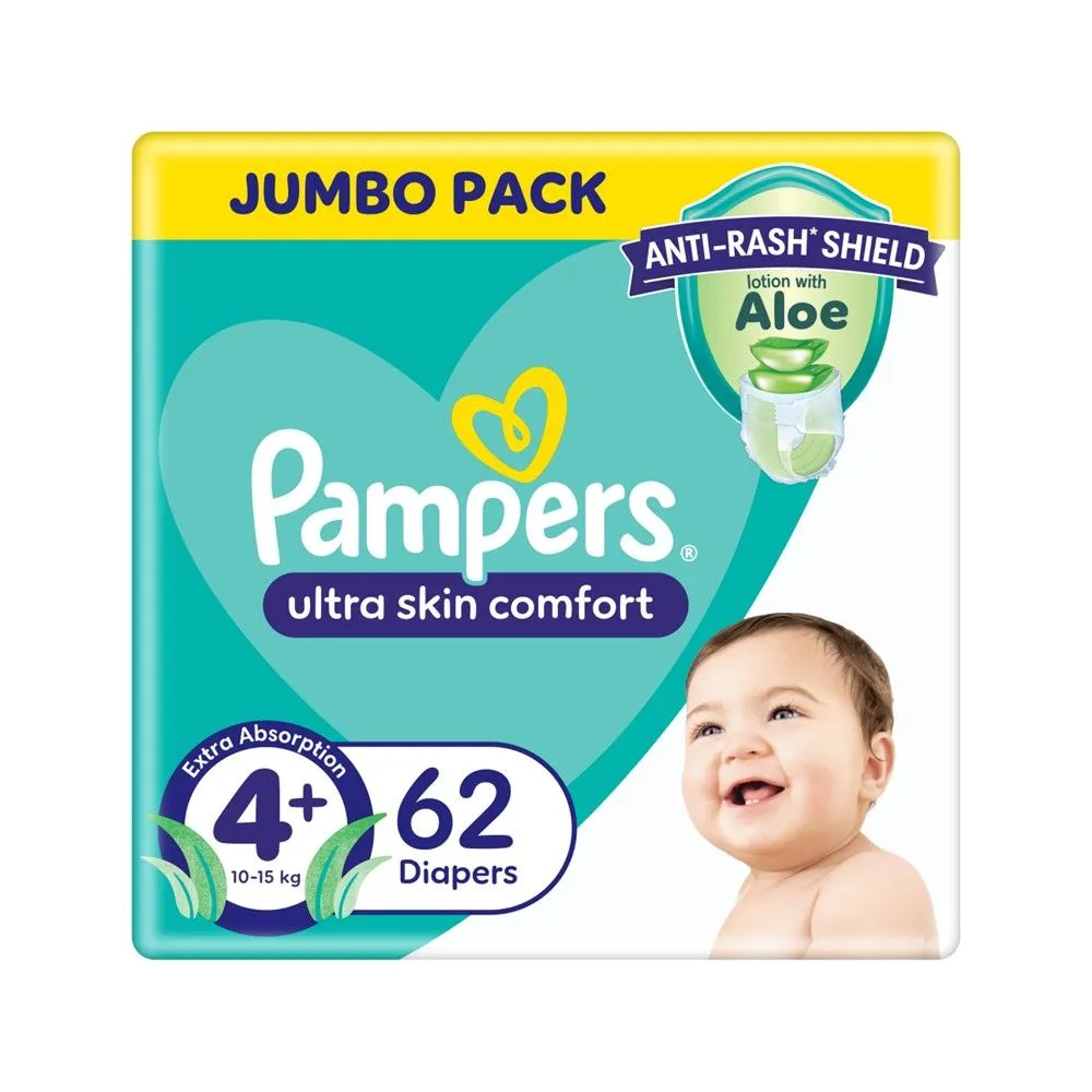 Pampers Anti-Rash Shield Taped Size 4+ (10-15 kg), 62 Nappies