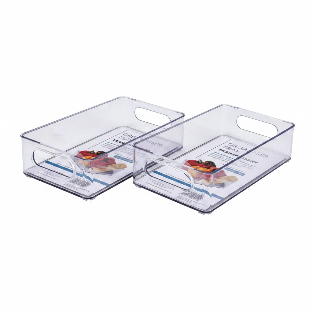 Clear Plastic Organiser Tray 25x15x7cm for Kitchen, Bathroom, - 2 Pack