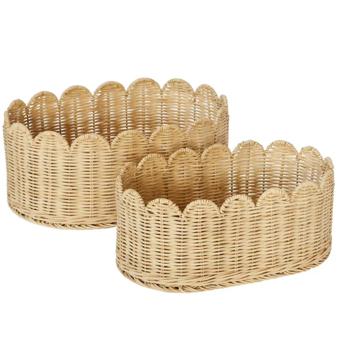 Wicker Basket, Hand-Woven Scalloped Storage Basket for Nursery (2 Pack)