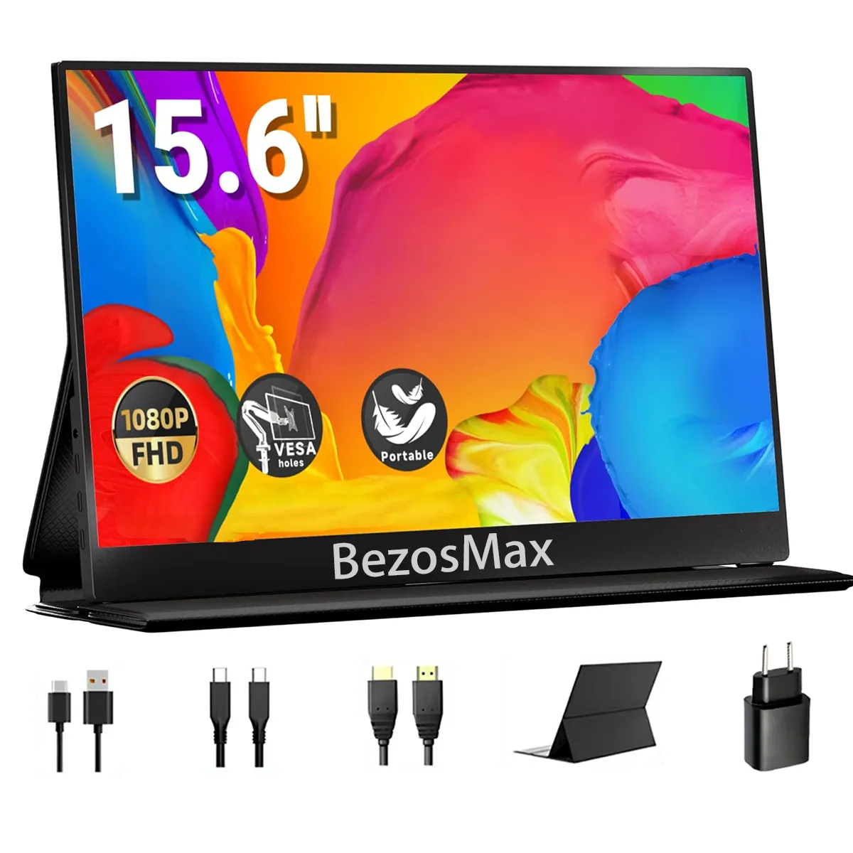 BezosMax 15.6'' Portable Monitor for Laptop, 1080P Travel Screen with USB C