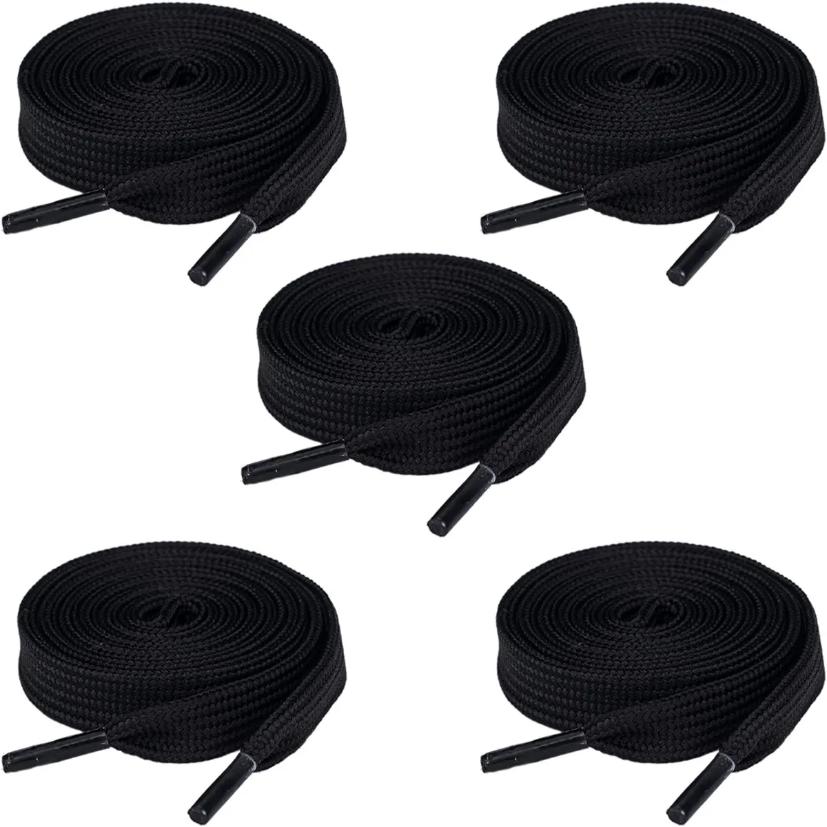 Flat Shoe Laces - Premium Plain Unisex Bulk Replacement Lace 110cm - 5 Pairs - Black