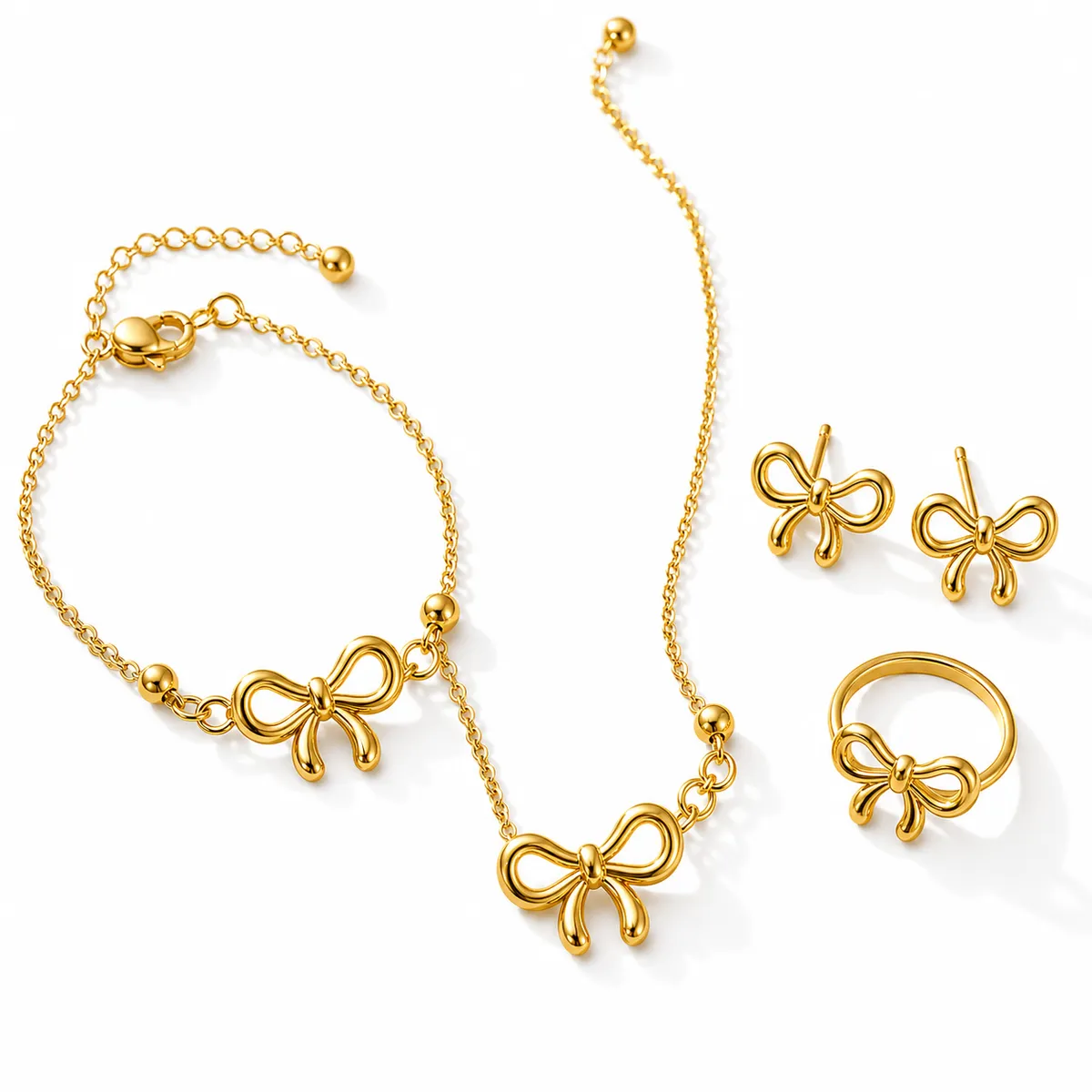 Polished Bow Jewelry Set Necklace Earrings Bracelet Ring for Women 4 Pieces - Gold