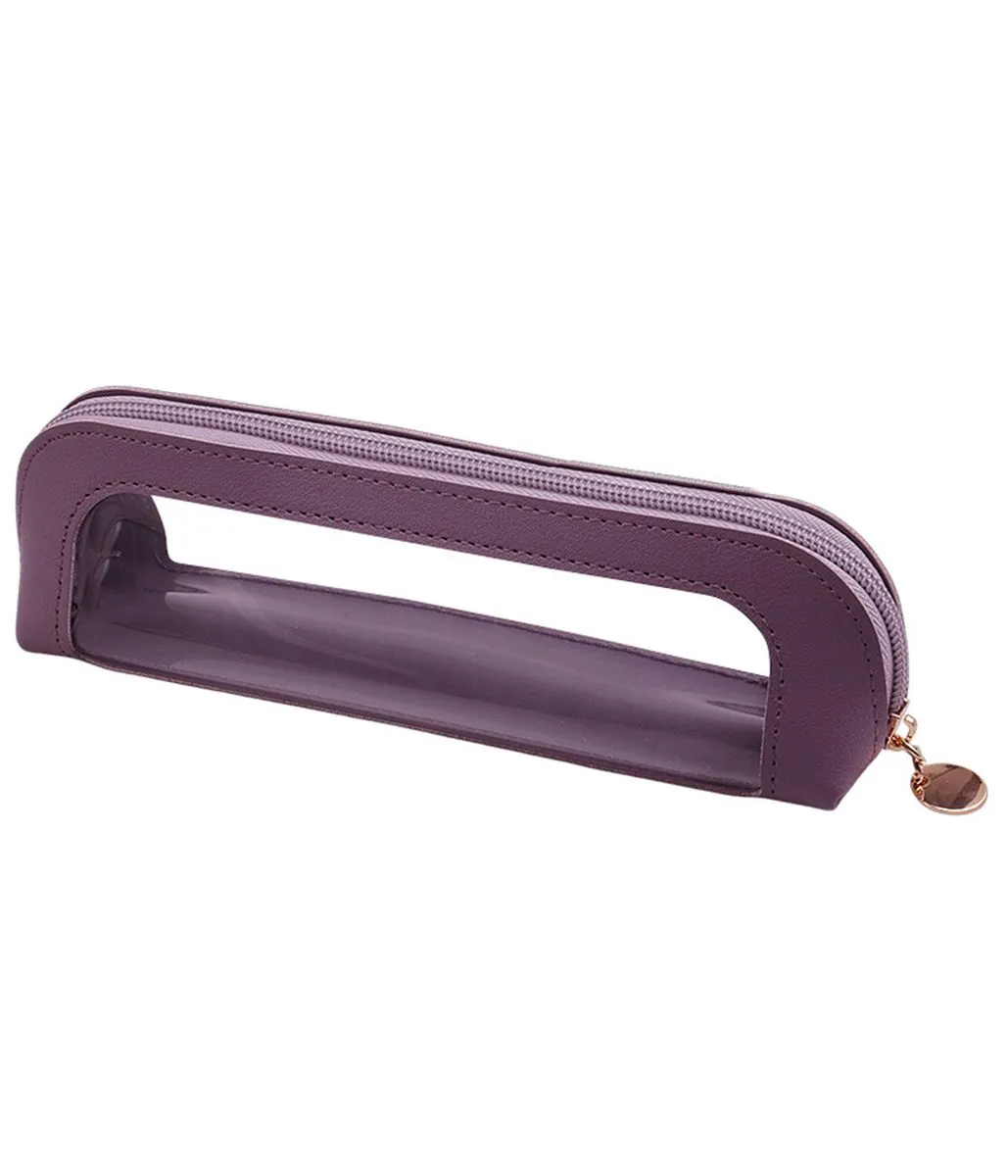 Small Clear Makeup Pouch, PU Leather Portable Makeup Brush Bag - Dark Purple