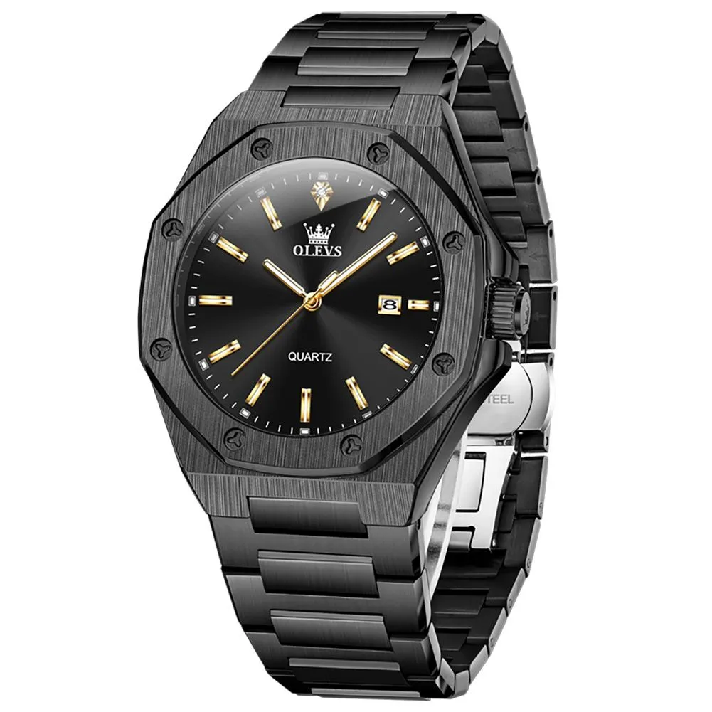 Luminous Classic Steel Business Calendar Waterproof Quartz Watch for Man - Black