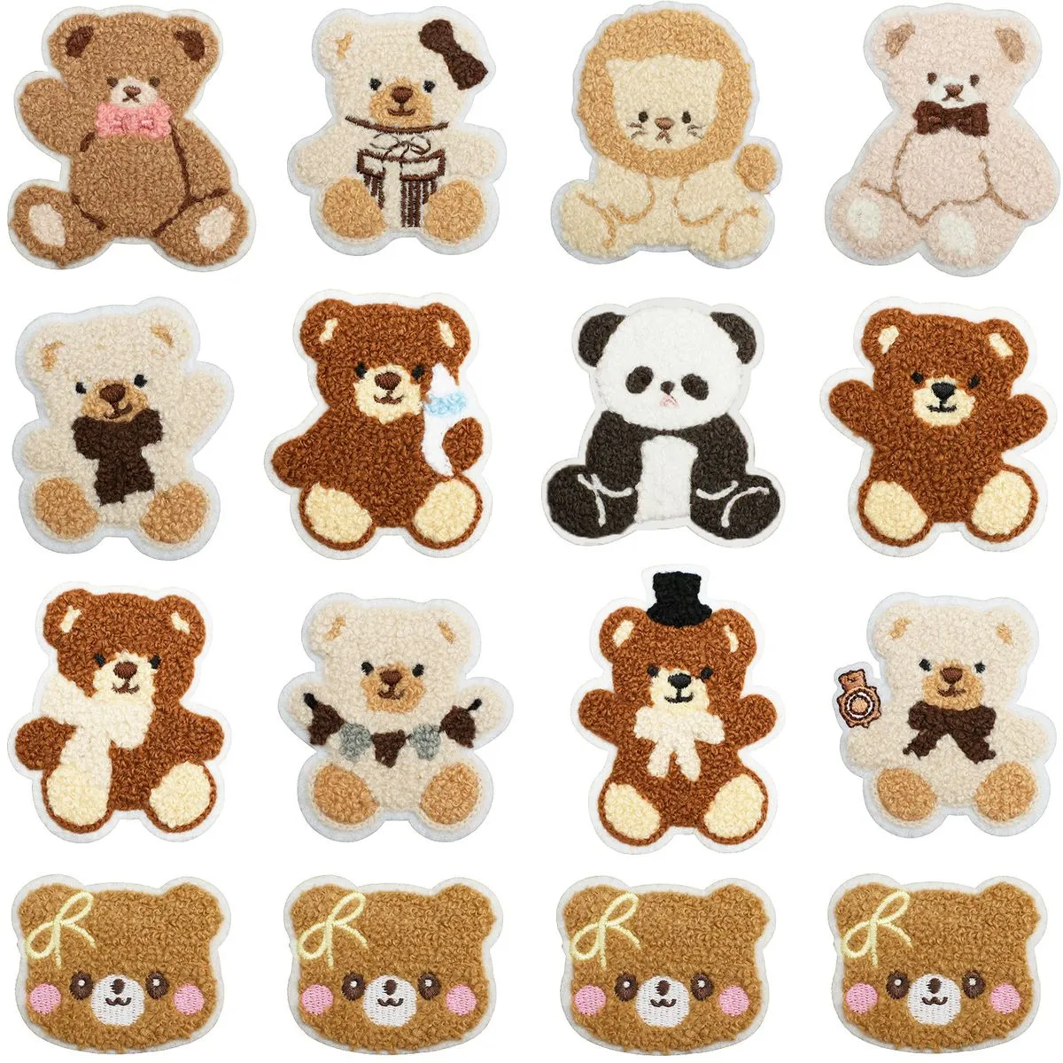 16pcs Cute Bear Panda Chenille Patches-Iron-On Towel Embroidery Appliques