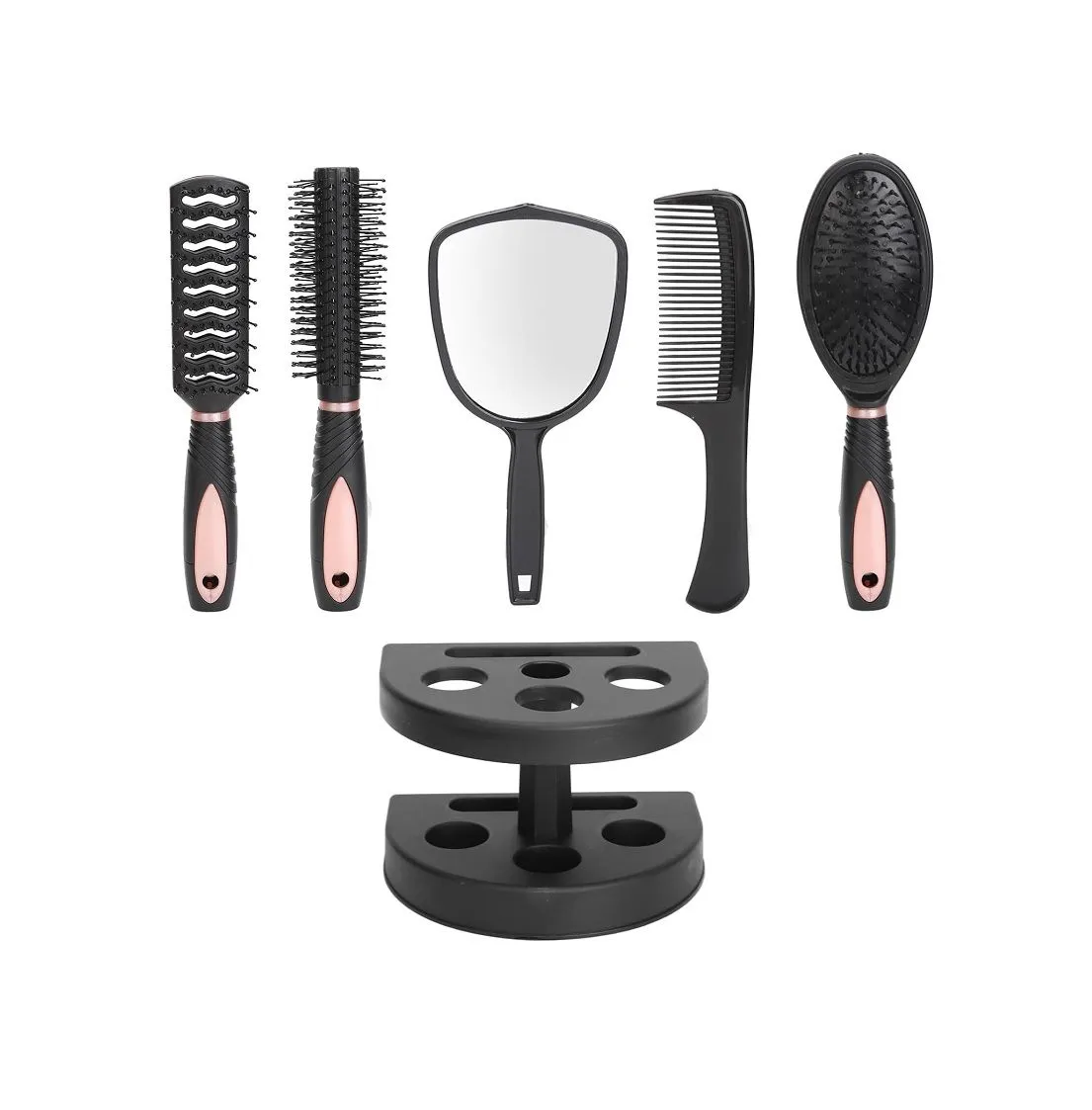 5 piece Premium Anti-Static Durable Hair Brush Set Holder Stand included - Black & Pink