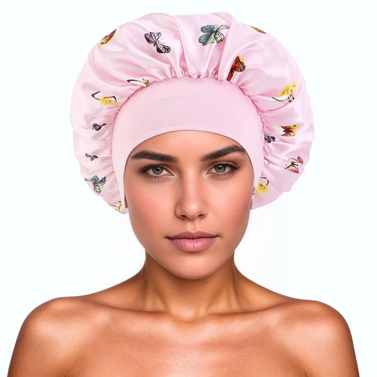 Butterfly Pattern Satin Wide-Brimmed Nightcap Daily Use