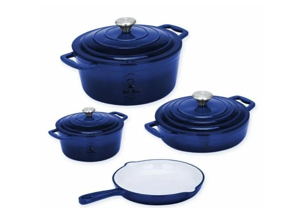 Chef's Choice Heavy Cast Iron Cookware Set - Durable, Non-Stick 7 Pcs Pot - Blue