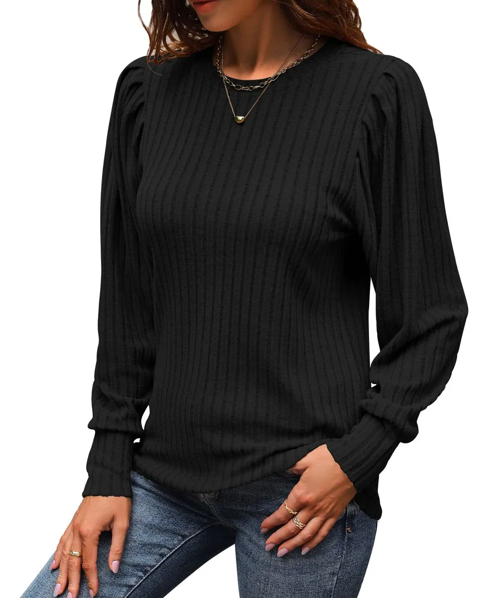 Women Puff Long Sleeve Top Shirt Casual Blouse Crew Neck Elegant Tunic Tops