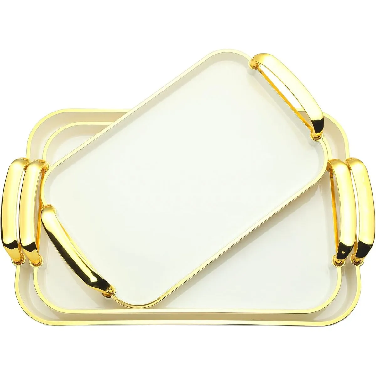 Serving Tray Set Food Fruit Dinner Tray Rectangle with Golden Handle - 3 Piece