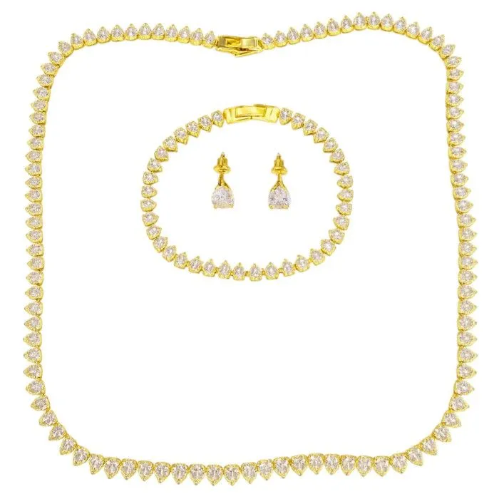 3 Piece - Teardrop Cubic Zirconia Jewellery Set - Gold