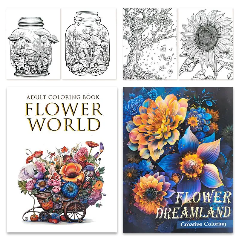 Stress Relief,Flower World & Flower Dreamland Thick Paper ColoringBooks Set