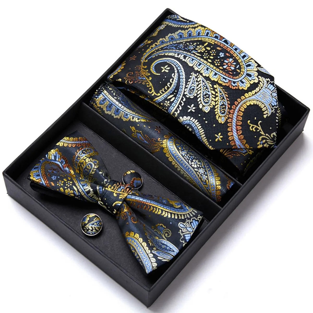 6 Piece Gift Box Men's Bow Tie Set Handkerchief Cufflinks Necktie Set - Black