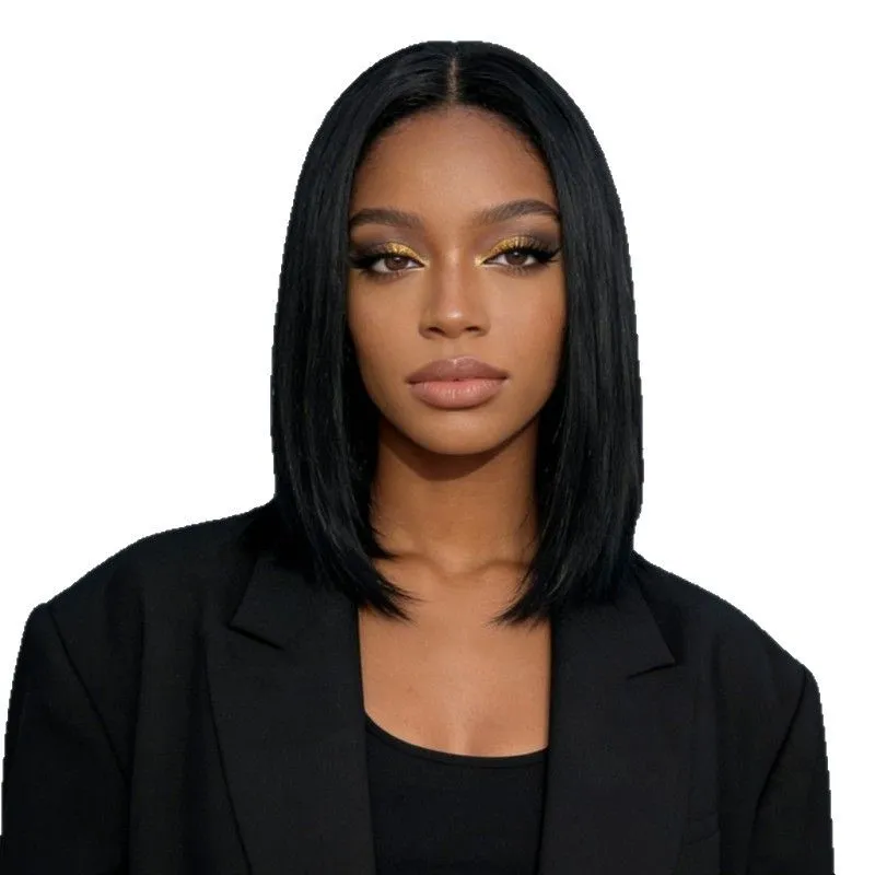 14 Inch Black Bob Wig Middle Part Short Straight Hair