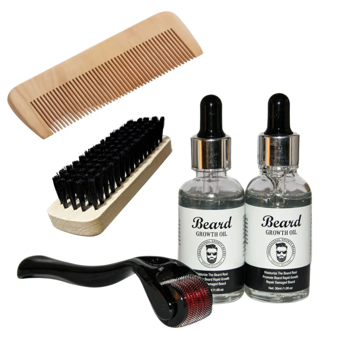 Beard Growth Oil 2 Pack & Derma Roller Beard/Hair- Wood Comb & Brush