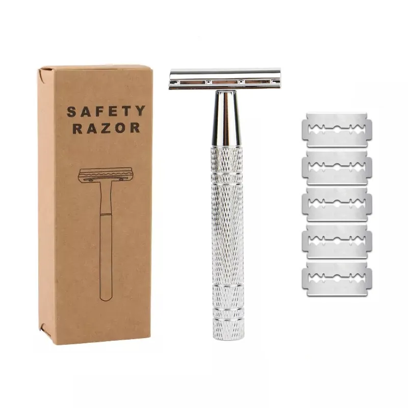 Double Edge Shaving Razor - Premium Safety Razor - 5 Blades Included - Silver