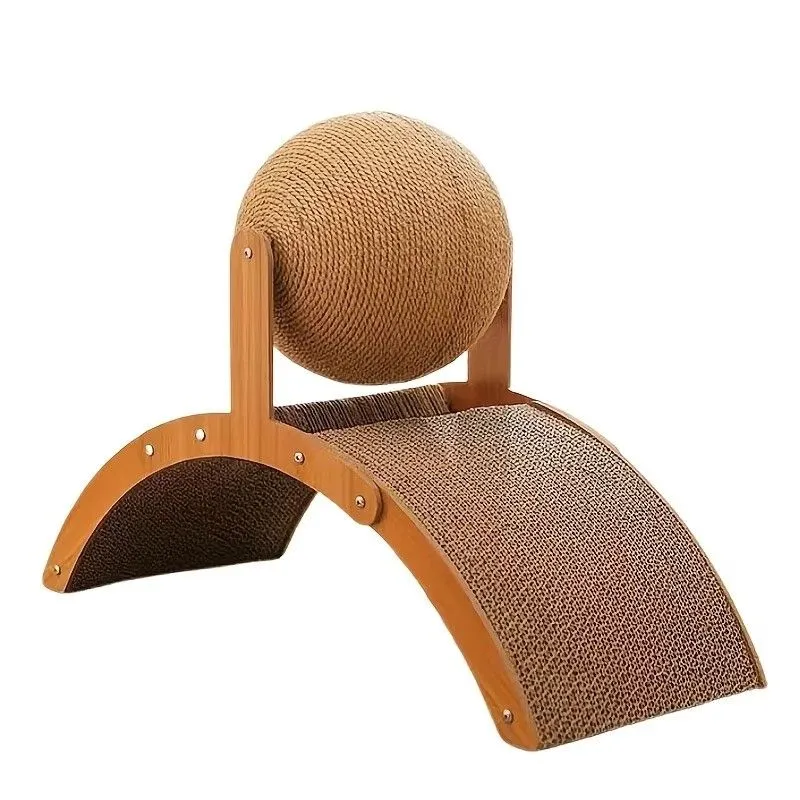 Wooden Cat Scratcher with Sisal Ball & Curved Pad - Durable Cat Scratching