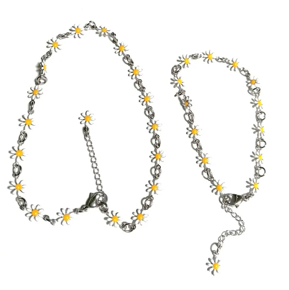 Daisy Anklet and bracelet  -stainless steel and enamel  - WHITE SET