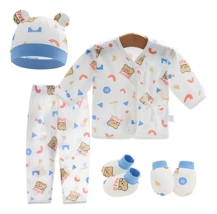 Newborn 5-Piece Set: Short-Sleeve Top, Shorts, Mittens, Socks, and Hat - Blue