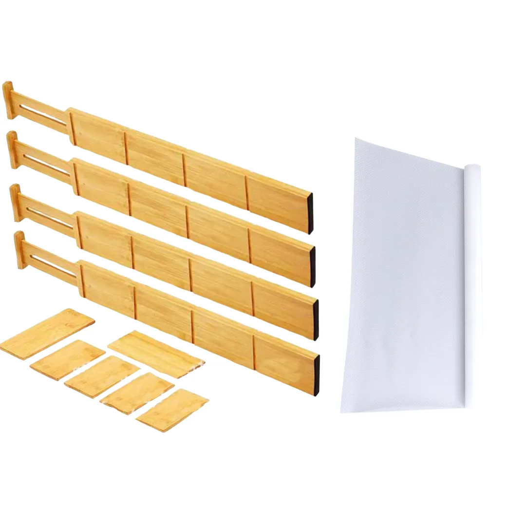 Expandable Bamboo Drawer Dividers with Inserts and Drawer Liner - 4 Pack