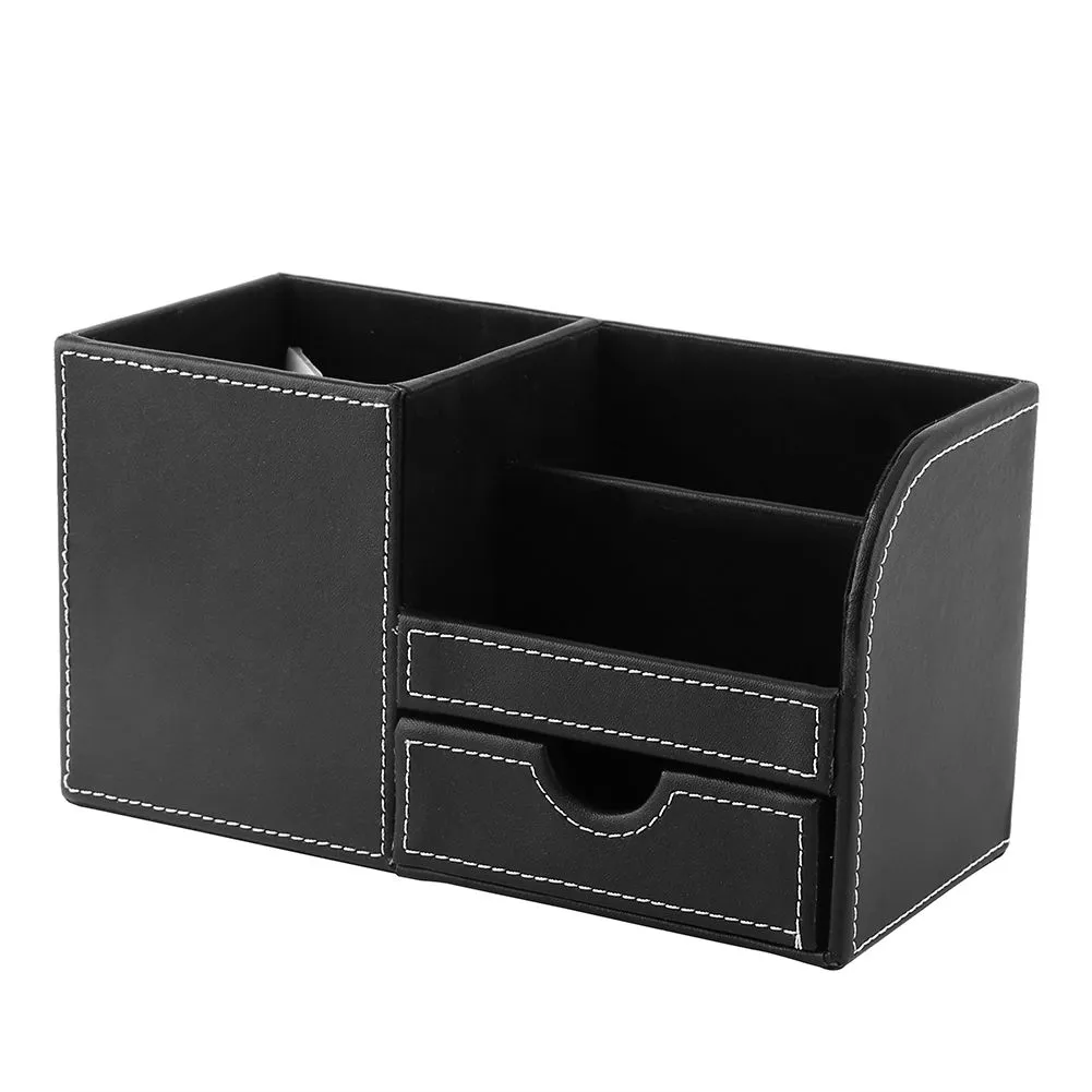 Wooden PU Leather Desk Organizer Box, 23.4x10.4x12.3cm, Black Pen Holder