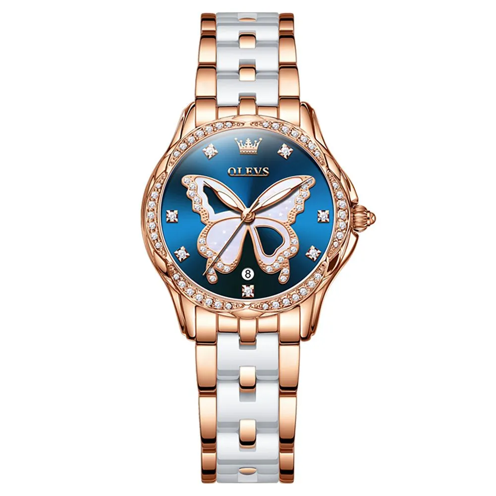 Watches for Women Diamonds Luminous Butterfly Ceramic Strap Quartz Watch - Blue