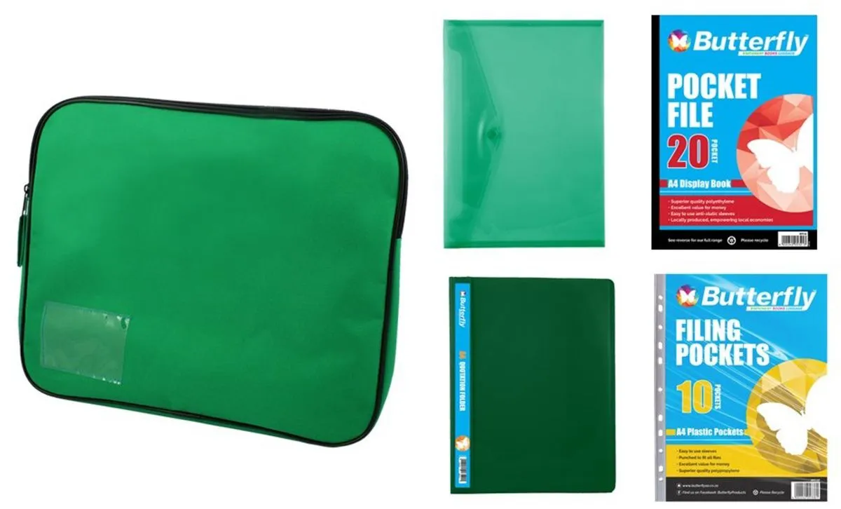 Stationery Pocket File, Folders & Book Bag Bundle (Green)