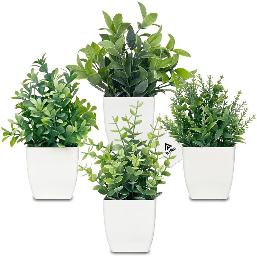 TopikaHome - Mini Artificial Greenery Potted Plants - 4 Pack for Home Decor