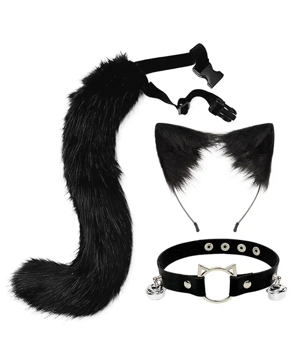 Cosplay Accessories with Cat Ears, Tail, Leather Choker for Party - Black