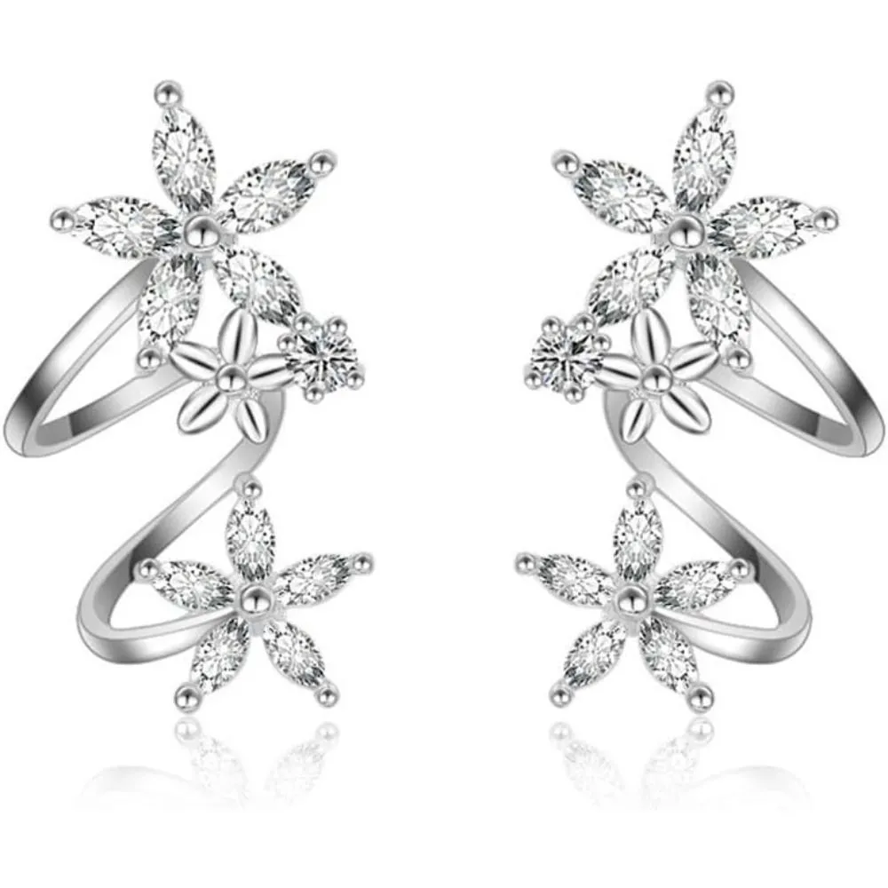 Flower Fairy Sterling Silver Plated CZ Ear Cuff Wrap Piercing Stud Earrings