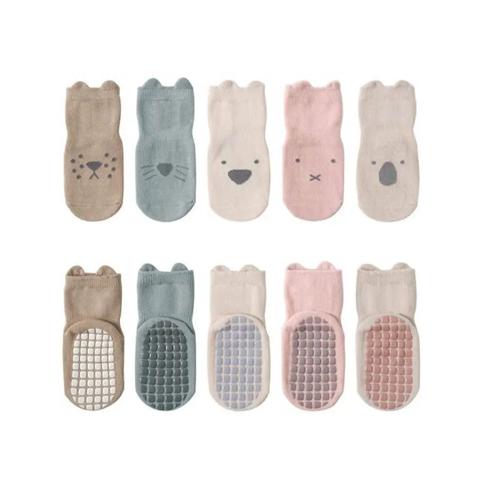 5 Pairs Baby Cotton Socks-Cartoon Non Slip Grips, Mid-Calf, for Toddlers