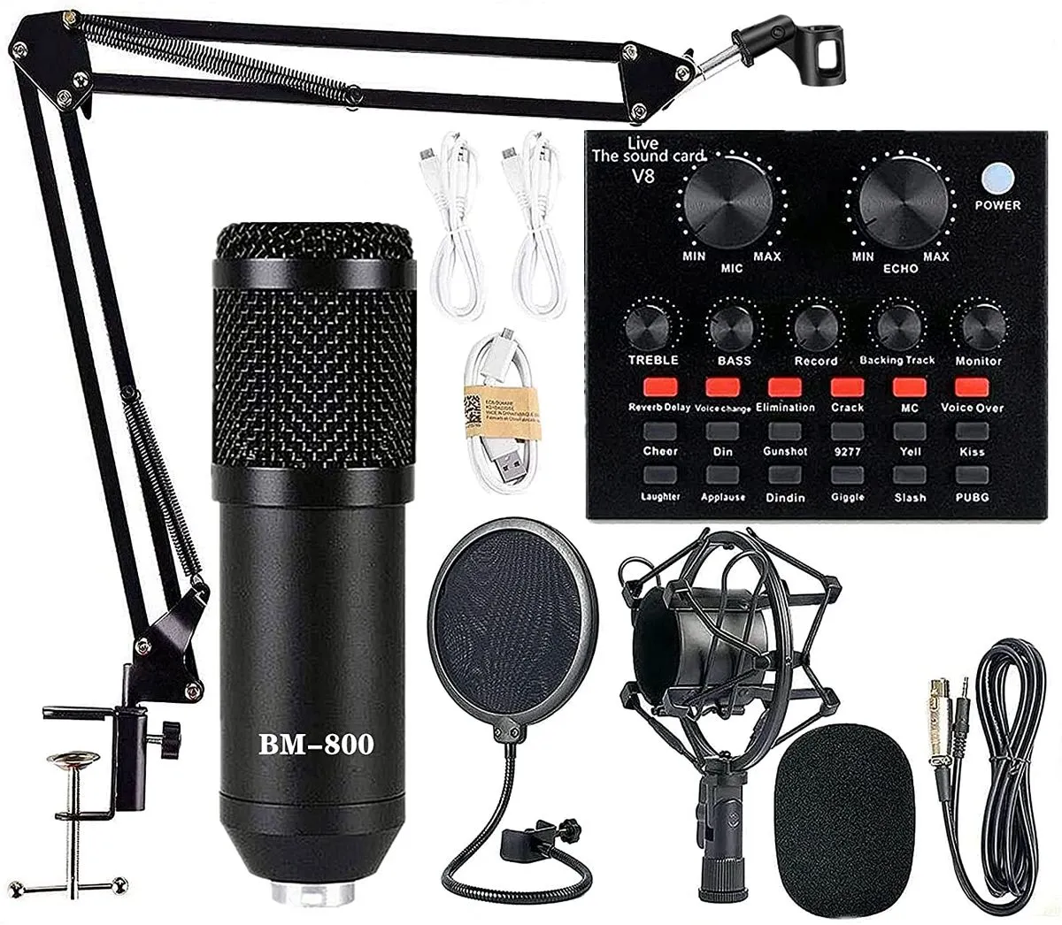 Podcast Equipment Bundle, BM-800 Mic Kit with V8 Live Sound Card - Black