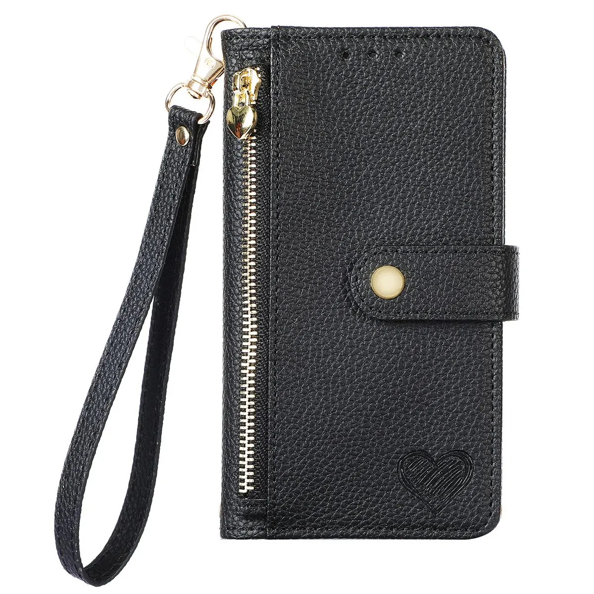 RFID Zip Leather Wallet Case Compatible With iPhone 16 Plus Cover - Black