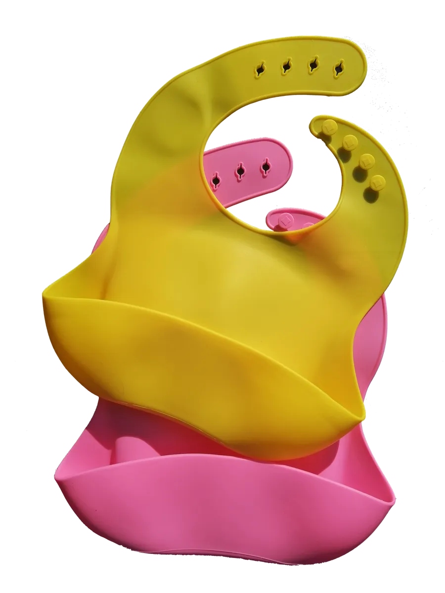 Soft Silicone Feeding Bibs With Food Catcher Pocket Set Of 2 - Pink and Yellow