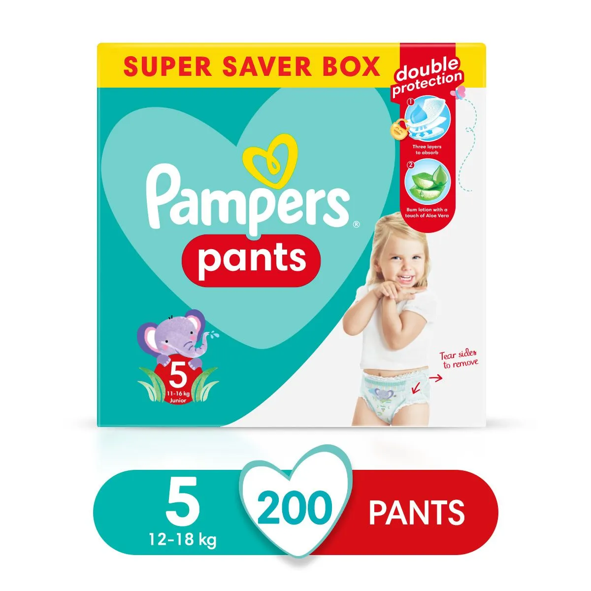 Pampers Pants - Size 5, Super Saver Box-200 Nappies, Lotion with Aloe