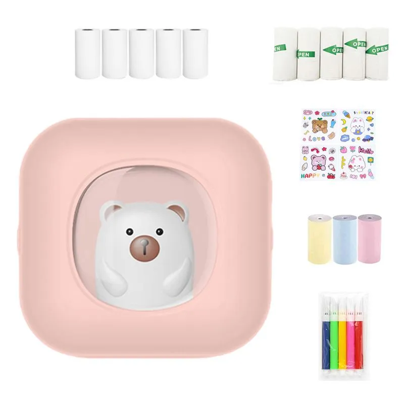 Portable Bluetooth Thermal Mini Printer Inkless Sticker Maker with Paper - Pink, White