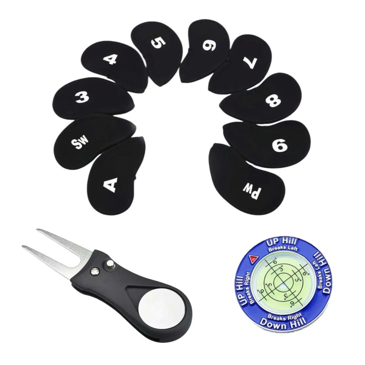 Complete Golf Accessories Set - Club Covers, Repair Tool & Slope Reader