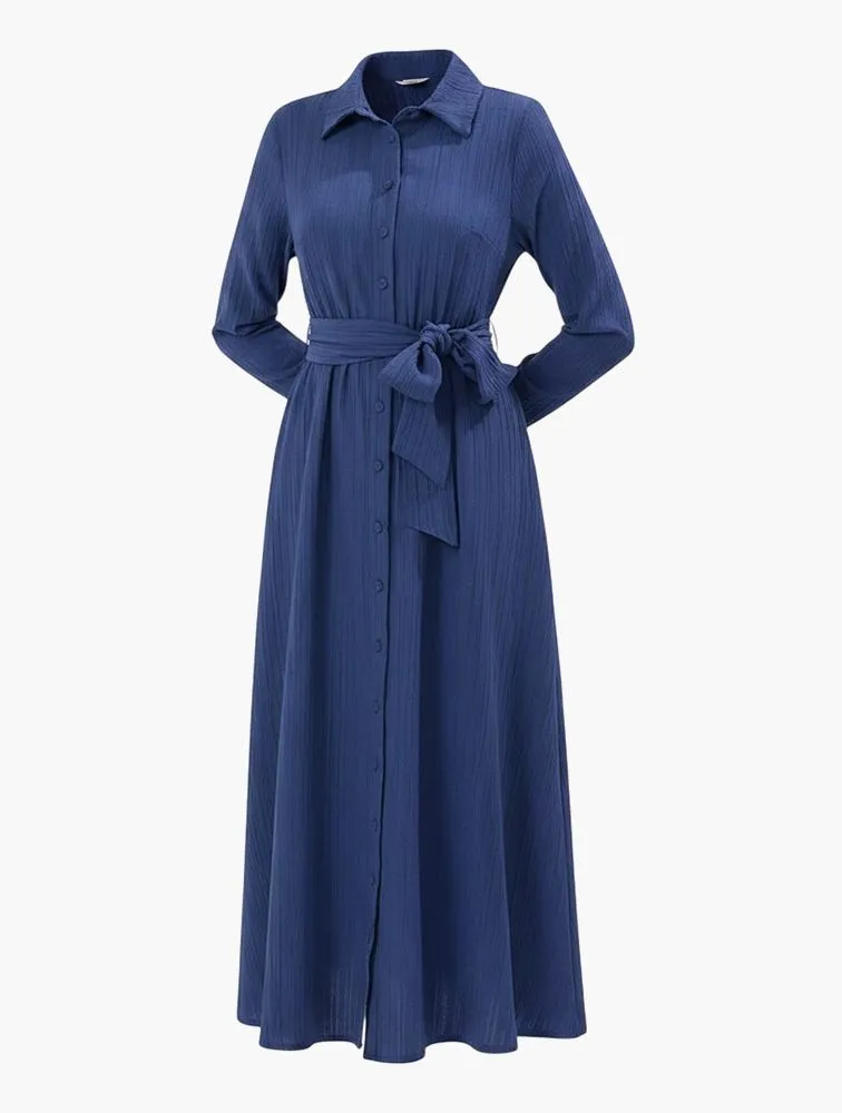 TRENDYOL Belted Crinkle Shirt Maxi Dress