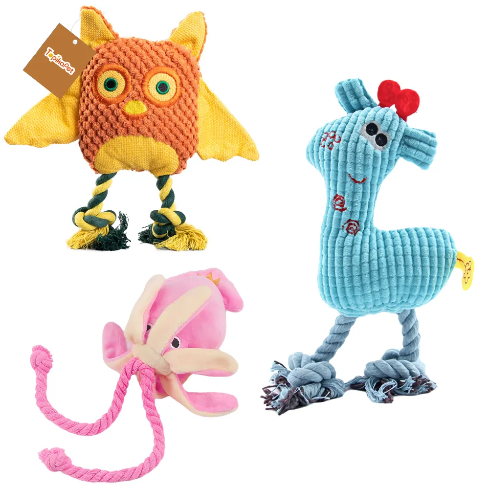 Topika Fawn, Owl & Octopus Plush Dog Toy Set, 3 Pack, Squeaker & Crinkle