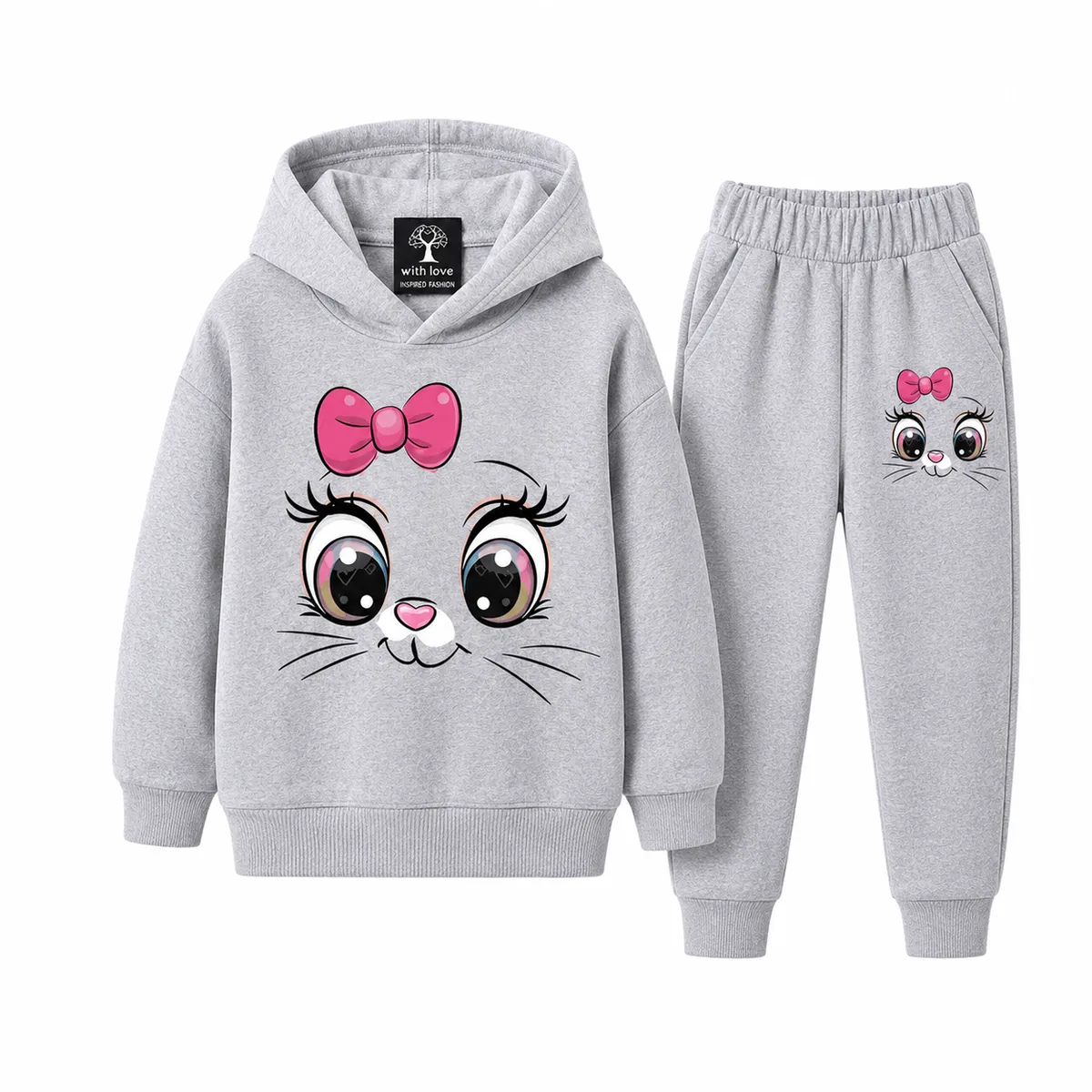 Secret Shield Little Whiskers Kids Tracksuit Grey With Pink Kitty Design