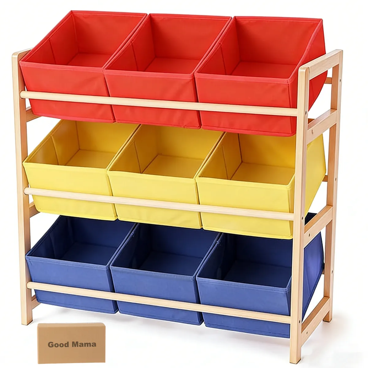 GoodMama 3Tier Toy Storage Organiser Rack with 9 Fabric Boxes Bin Bookshelf