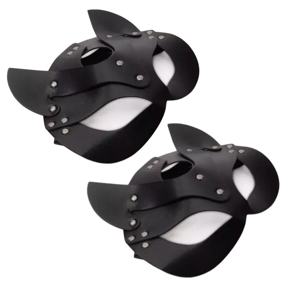 Toy Cosplay Leather Cat Face Mask Halloween Masquerade Costume Party - 2 Piece