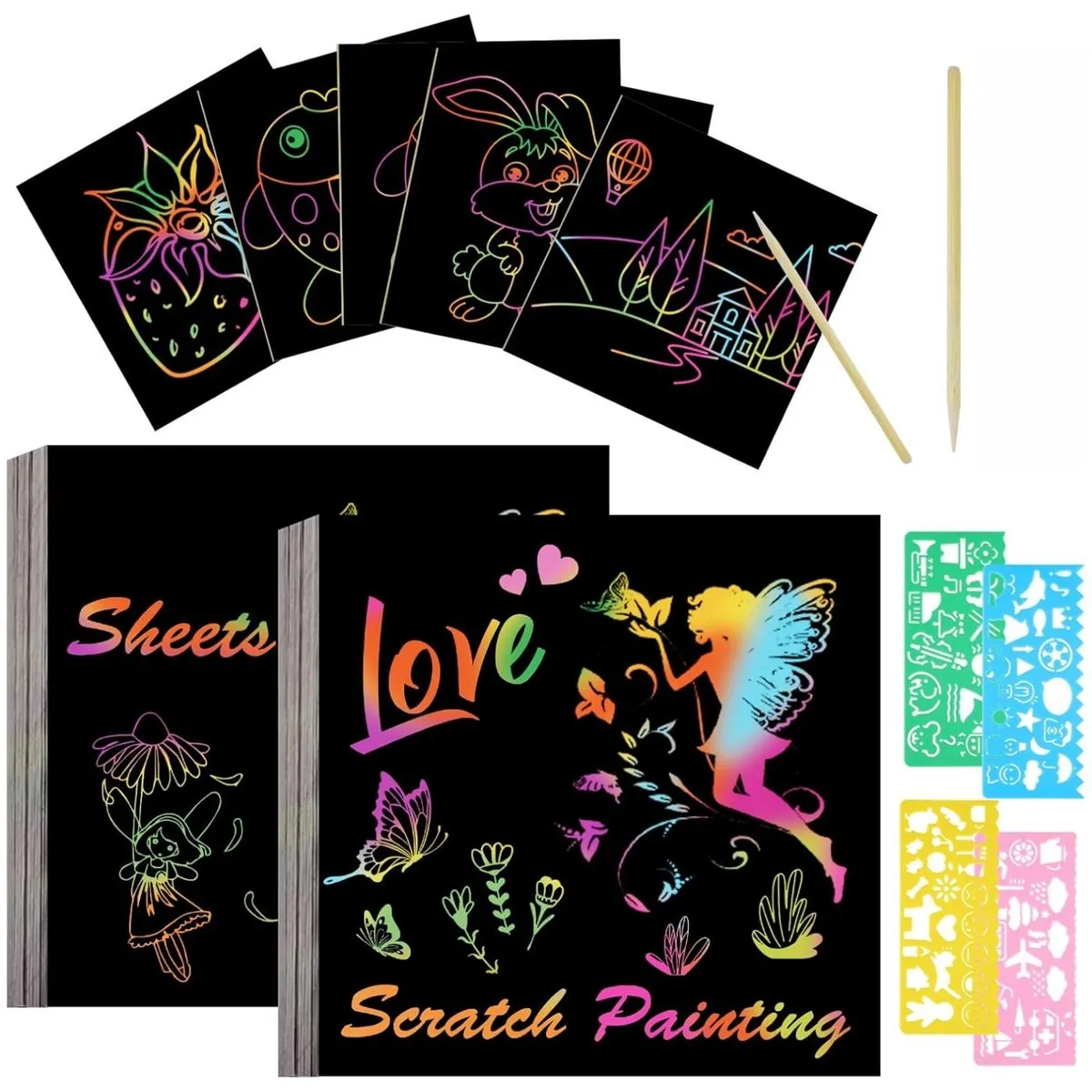 100 Kids' Rainbow Scratch Sheets, 2 Wooden Styluses, 4 Stencils, 8.5cm